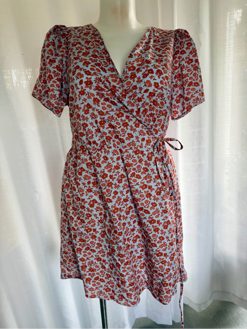 Madewell XXL Floral Wrap Mini Dress Blue Rust Orange Puff Sleeve 100% Cotton